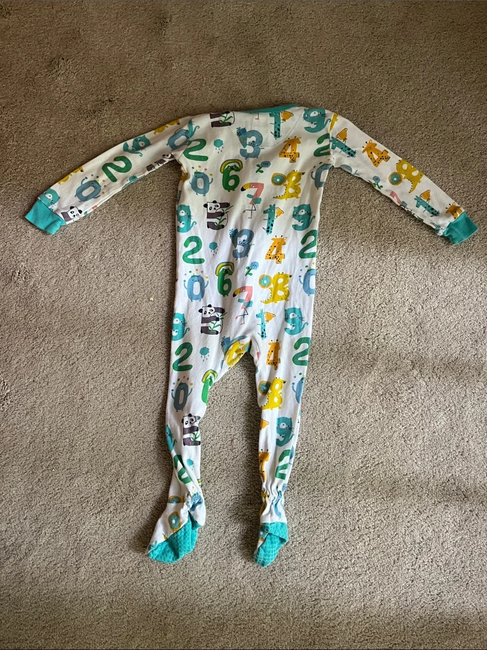 White Footed One-Piece Pajama with Teal Trim and Number Print
